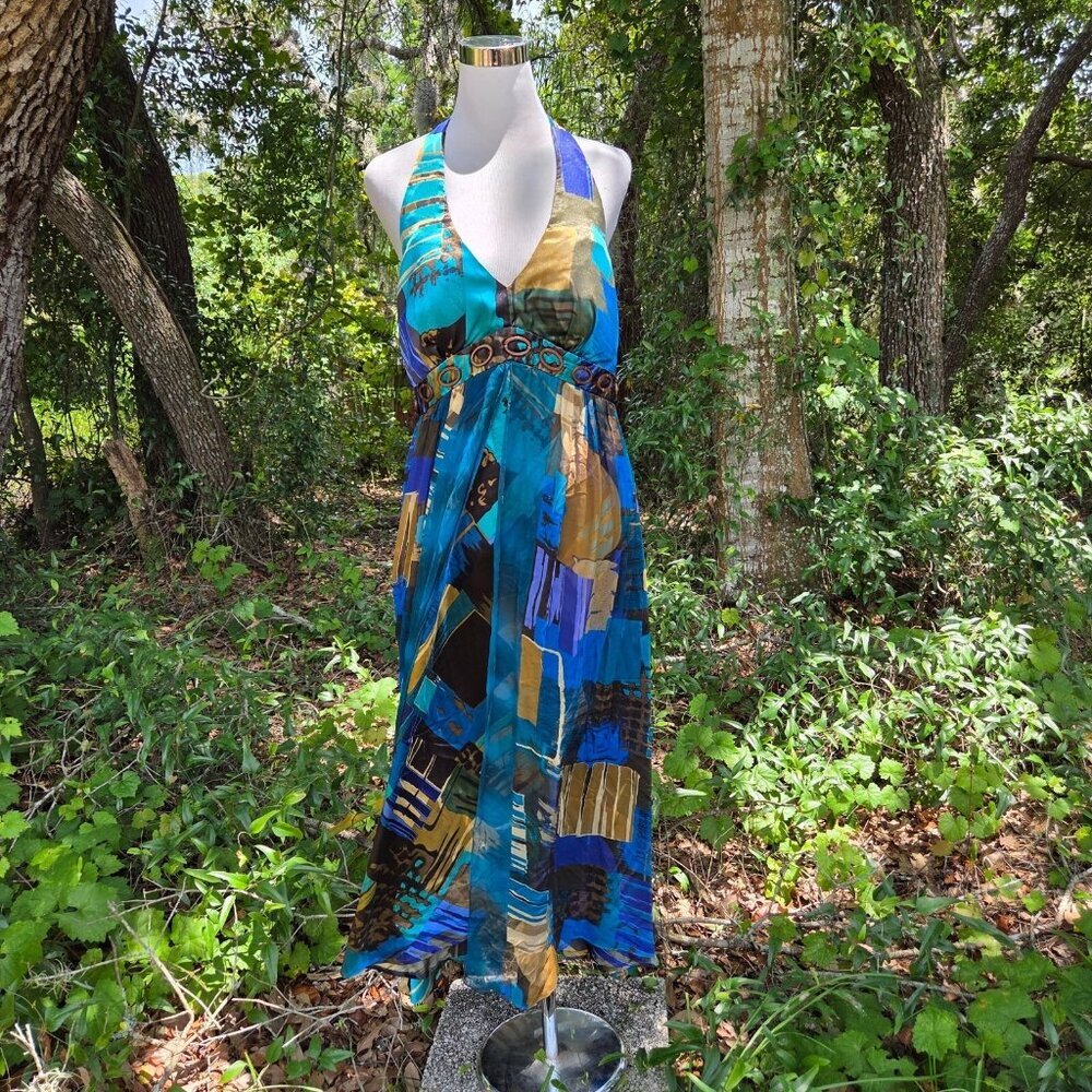 Y2k Robbie Bee‎ womens silk babydoll Dress 14 Blue Fairycore Whimsy Halter prom